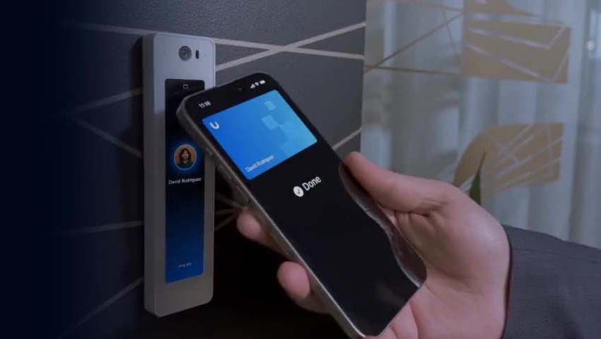 Modern access control reader with NFC mobile credentials, installed in New Hampshire