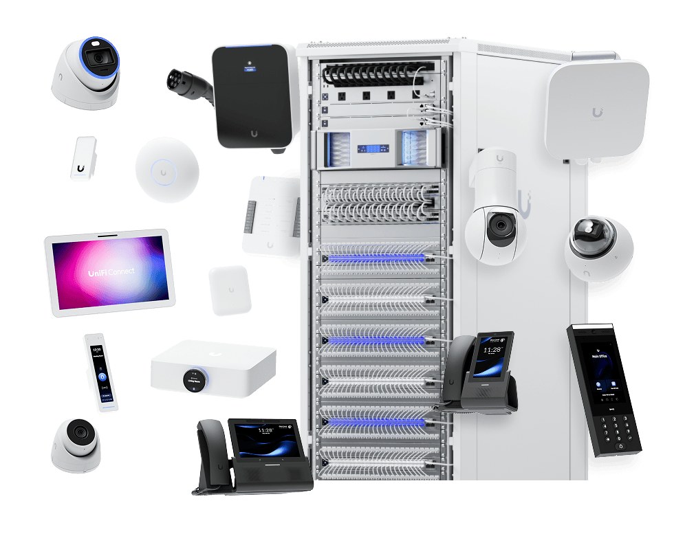 Business-grade networking equipment installed by Southern NH Computer: access points, switches, racks, cameras, and phones